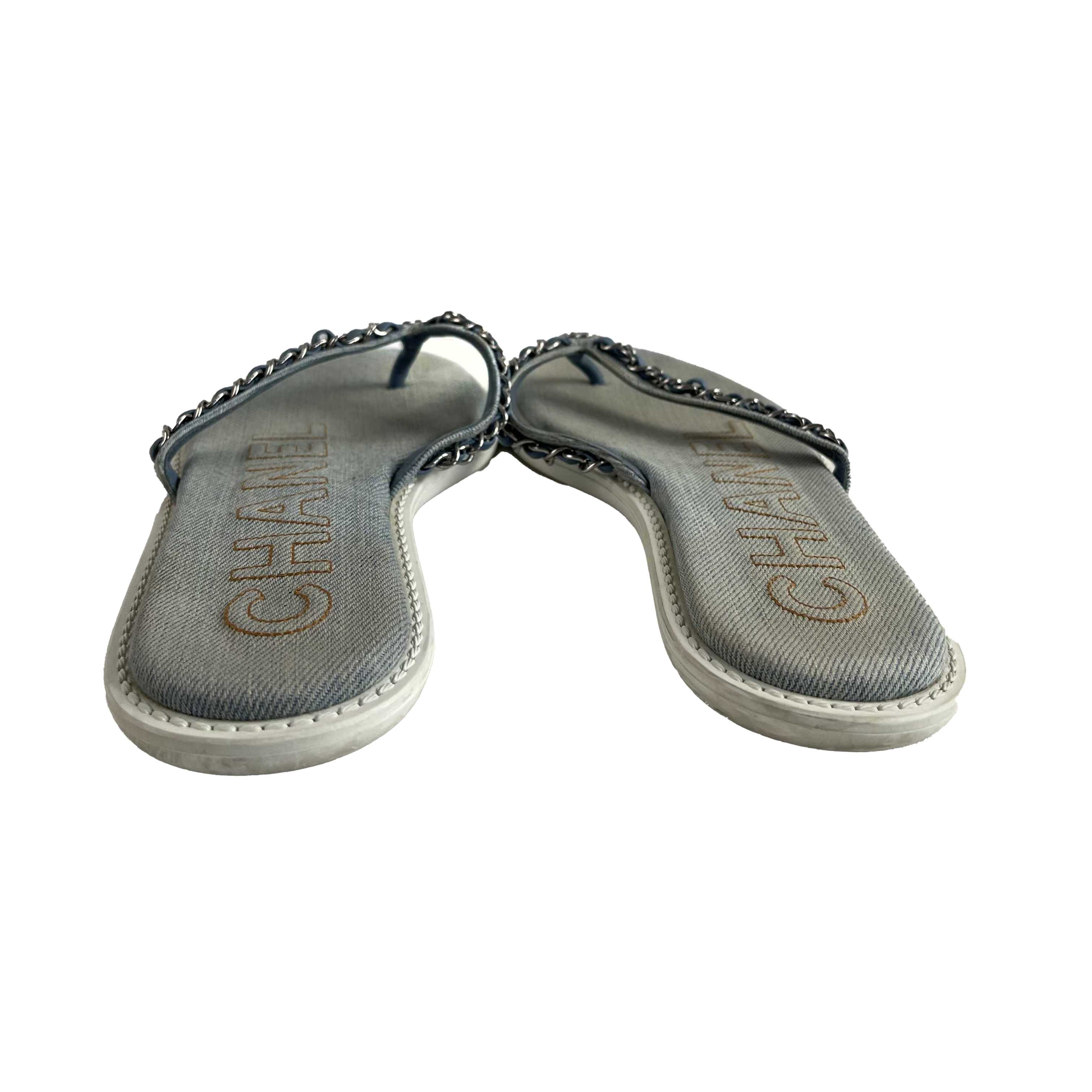 Chanel 2020 Interlocking CC Logo Denim Flip Flops 36 US 6